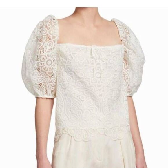NWT Jonathan Simkhai White Ruby Puff-Sleeve Guipure Lace Top Size Large - Picture 1 of 7